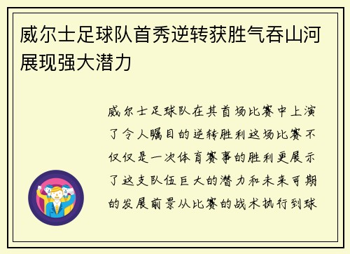 威尔士足球队首秀逆转获胜气吞山河展现强大潜力