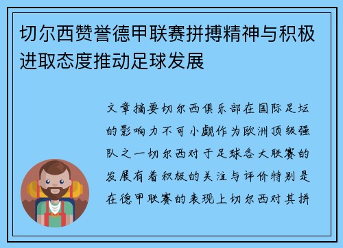 切尔西赞誉德甲联赛拼搏精神与积极进取态度推动足球发展