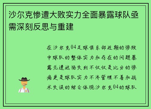 沙尔克惨遭大败实力全面暴露球队亟需深刻反思与重建