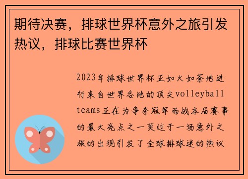 期待决赛，排球世界杯意外之旅引发热议，排球比赛世界杯