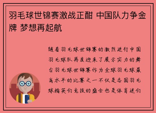 羽毛球世锦赛激战正酣 中国队力争金牌 梦想再起航