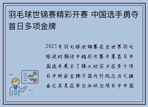 羽毛球世锦赛精彩开赛 中国选手勇夺首日多项金牌