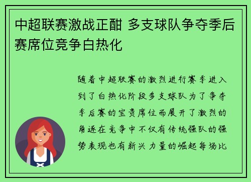 中超联赛激战正酣 多支球队争夺季后赛席位竞争白热化